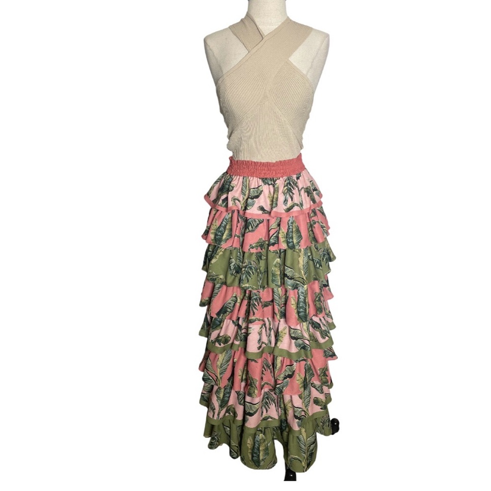 Visual Mood Tiered Ruffle Maxi Skirt in Pink and Olive with Leaf Print Large - Picture 2 of 6